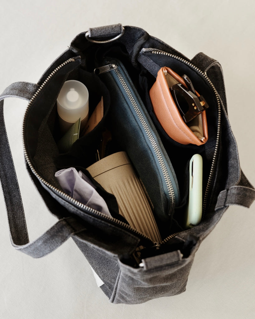 Smaller version of the bestselling everyday zip top pocket tote, with six internal pockets, in a versatile and casual style. The perfect bag for days when you don’t need to carry everything.